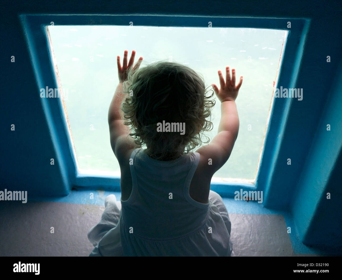Un toddler femmina guarda fuori dalla finestra di una barca dal fondo di vetro con le mani sul vetro in meraviglia Foto Stock