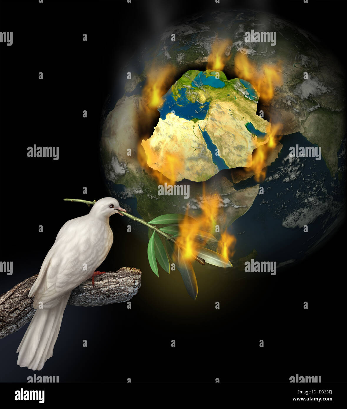 Conflitto in Medio Oriente come una mappa di masterizzazione di Egitto Siria Iran Israele Arabia Saudita Libia Yemen Iraq con una colomba bianca tenendo un burni Foto Stock