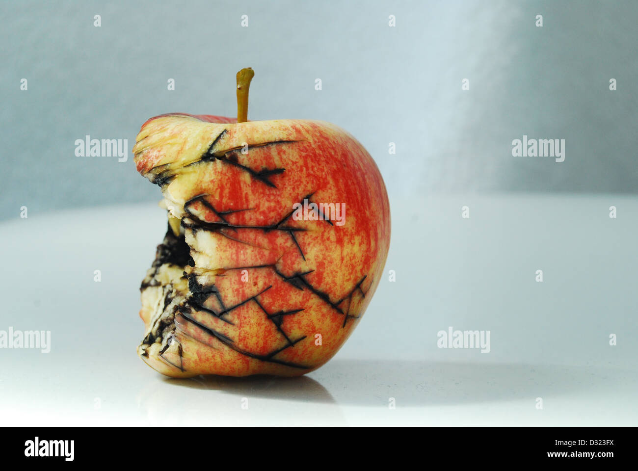 Un rosso e giallo Apple su uno sfondo bianco, addentata con black crepe e lo stampo che mostra il decadimento e marciume frutto Foto Stock