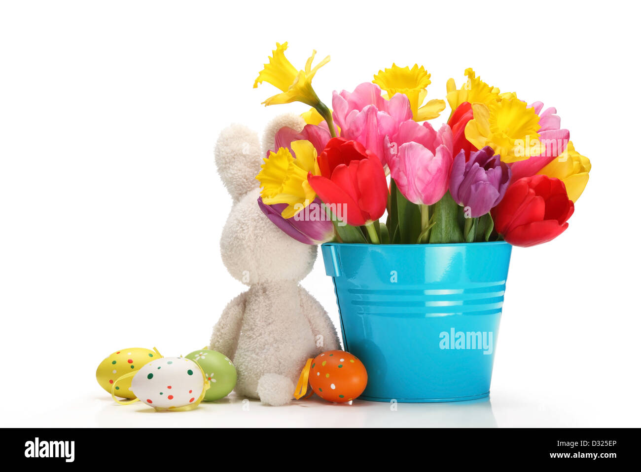 Coniglietto di Pasqua,uova e tulipani su sfondo bianco Foto Stock