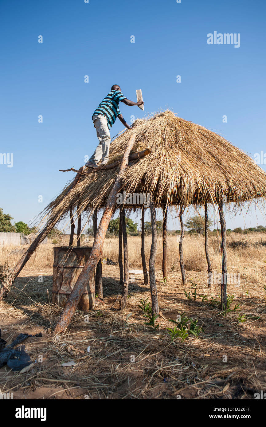 L'uomo africano costruire una capanna Foto Stock