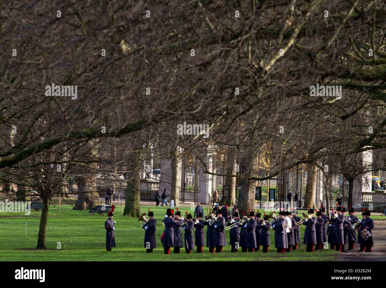 LONDON, Regno Unito - 6 Febbraio 2013: Il re della truppa Royal cavallo artiglieria, indossare assolutamente immacolato vestito completo uniforme, equitazione al parco verde di una tappa del 41 Gun Royal Salute segna il 61° anniversario dell'adesione di Sua Maestà la Regina. (Foto di Fuat Akyuz/faimages) Foto Stock