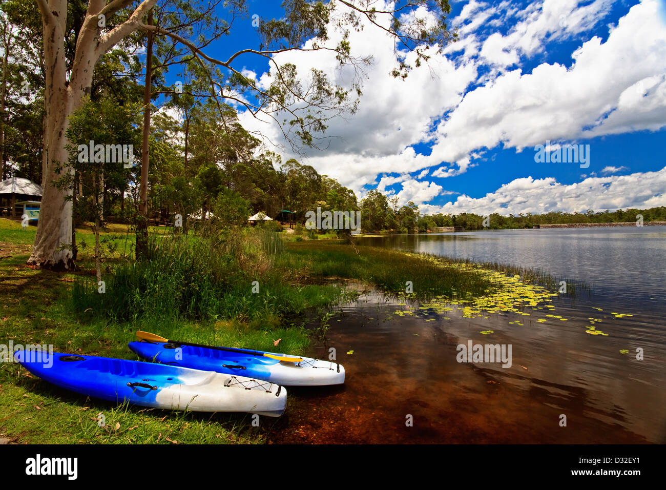 Vacanza perfetta attività con 2 kayak è appollaiato sul bordo del bellissimo Lago di MacDonald Sunshine Coast di Queensland in Australia Foto Stock