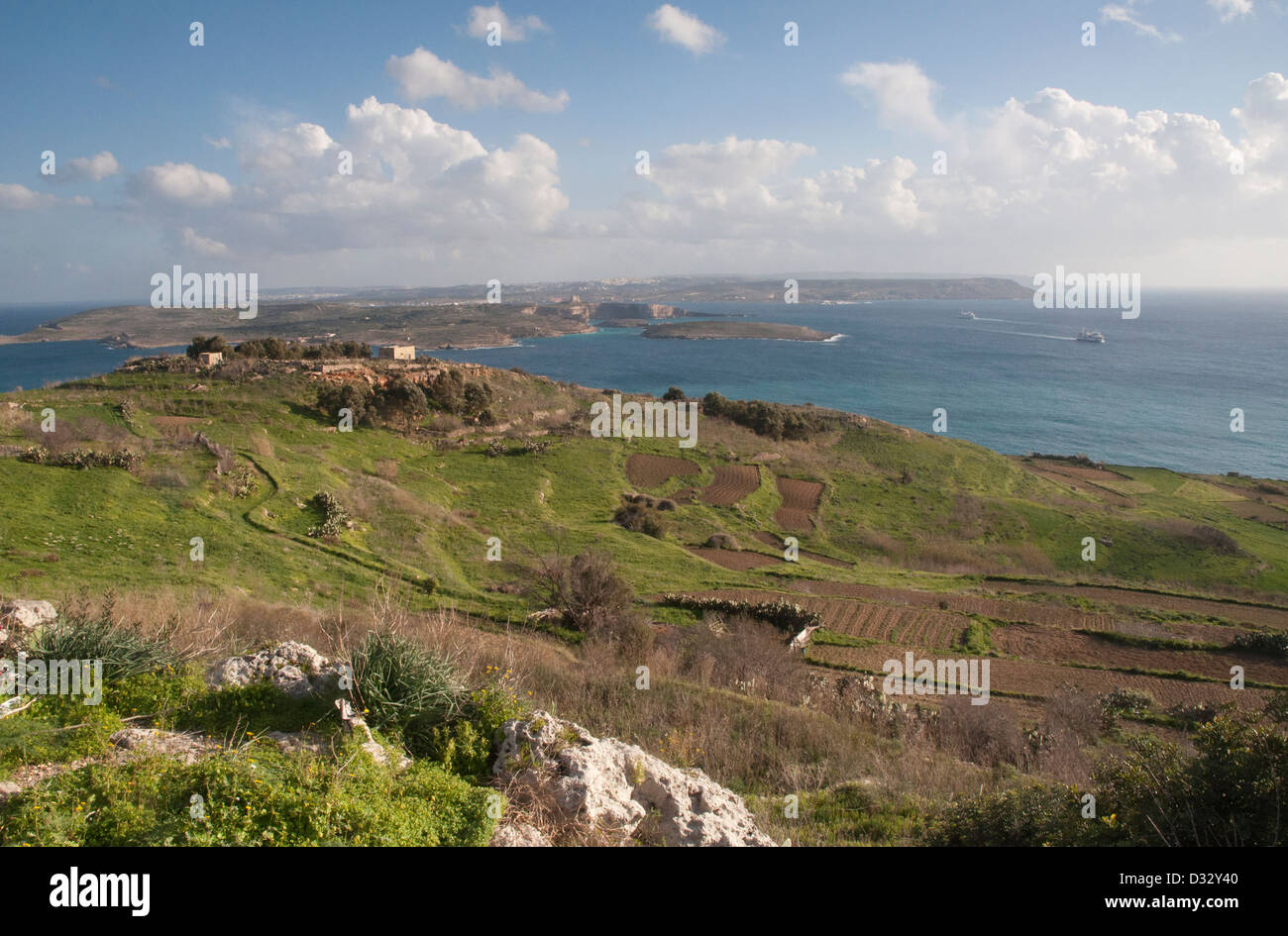 Gozo paesaggio, vista, erba, arbusti, pareti in pietra, il mare in lontananza, sole, cielo blu e nuvole bianche rocce. Foto Stock