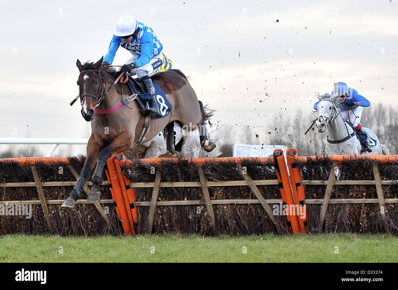 Huntingdon Race Course. Cambridgeshire. 7 febbraio 2013. Vincitore professore d'arte cavalcato da Aidan Coleman salta l'ultima riga. Gara 5. Handicap 32Red.com ostacolo. Chatteris Fen Racing giorno.. Credito: Sport In immagini / Alamy Live News Foto Stock