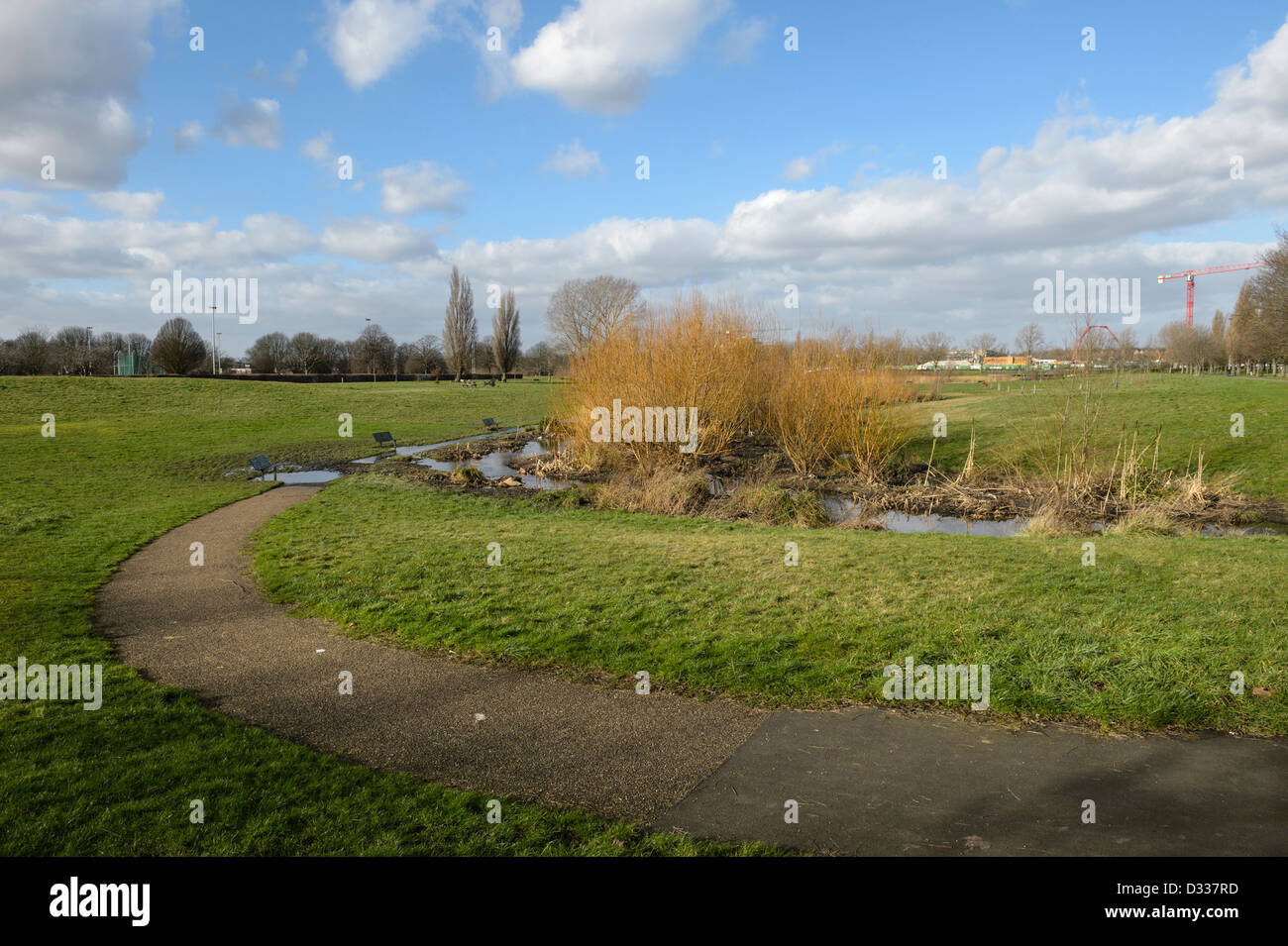 Paesaggio ingegnerizzati formando acqua impoundments. Fiume alluvione Quaggy alleviamento dello schema, Sutcliffe Park, London, Regno Unito. Foto Stock