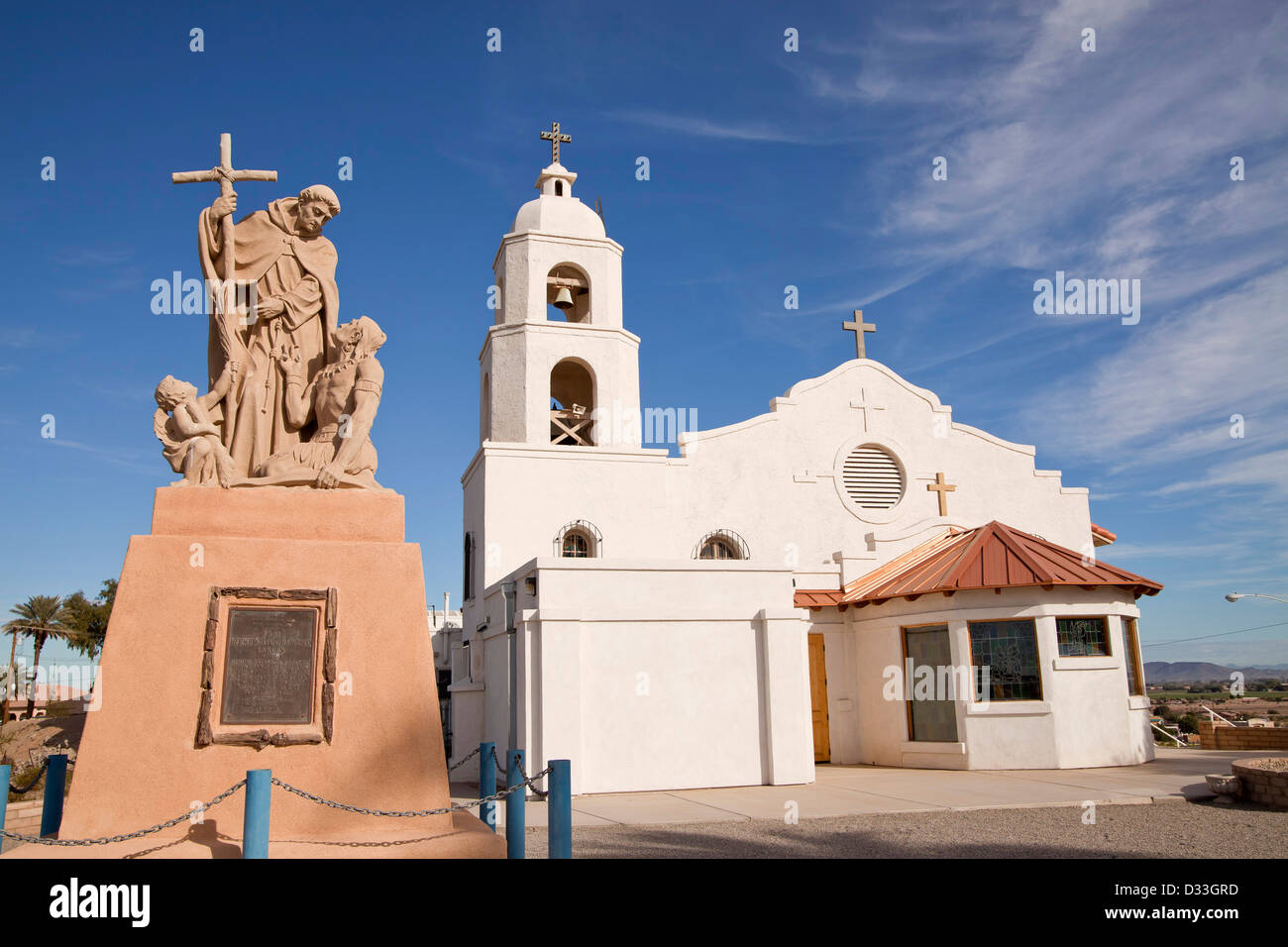 Statua di Fray Hermenegildo Francisco Garcés e san Tommaso Missione indiana in Yuma, Arizona, Stati Uniti d'America, STATI UNITI D'AMERICA Foto Stock