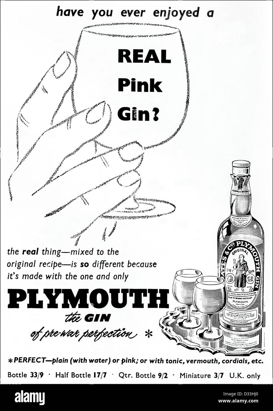 Originale degli anni cinquanta vintage annuncio stampa dalla rivista inglese pubblicità Plymouth gin rosa Foto Stock