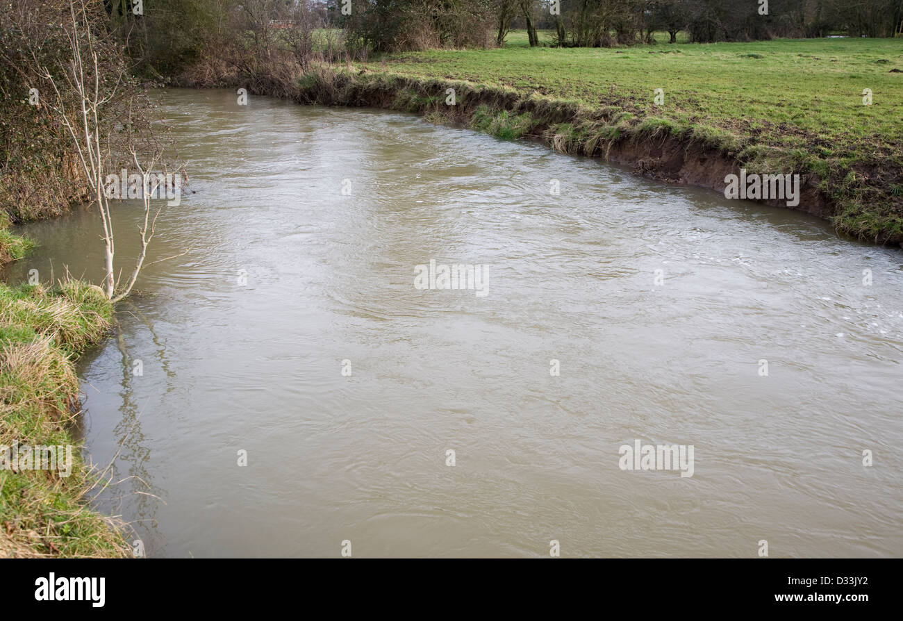 Livello di acqua alta e la velocità di sottoquotazione banche fluviale sul fiume Deben, Ufford, Suffolk, Inghilterra Foto Stock