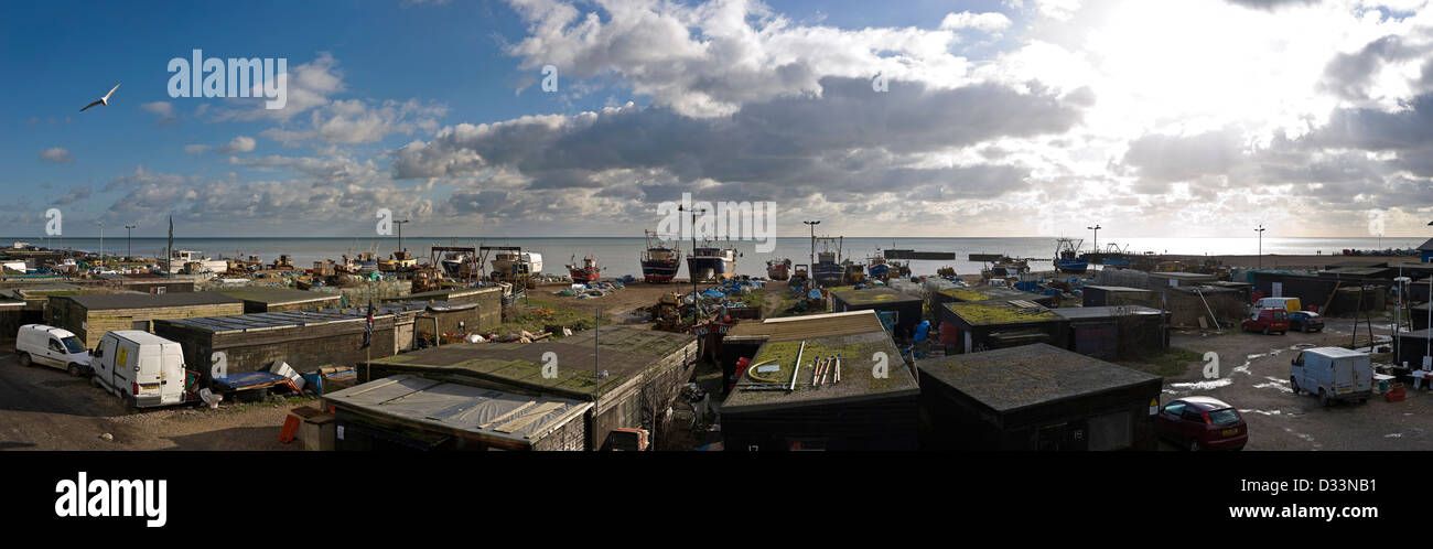 Panorama di Stade a Hastings, East Sussex, Regno Unito Foto Stock