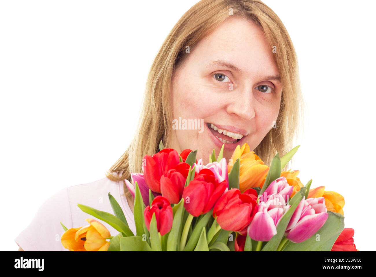 Donna con i tulipani Foto Stock