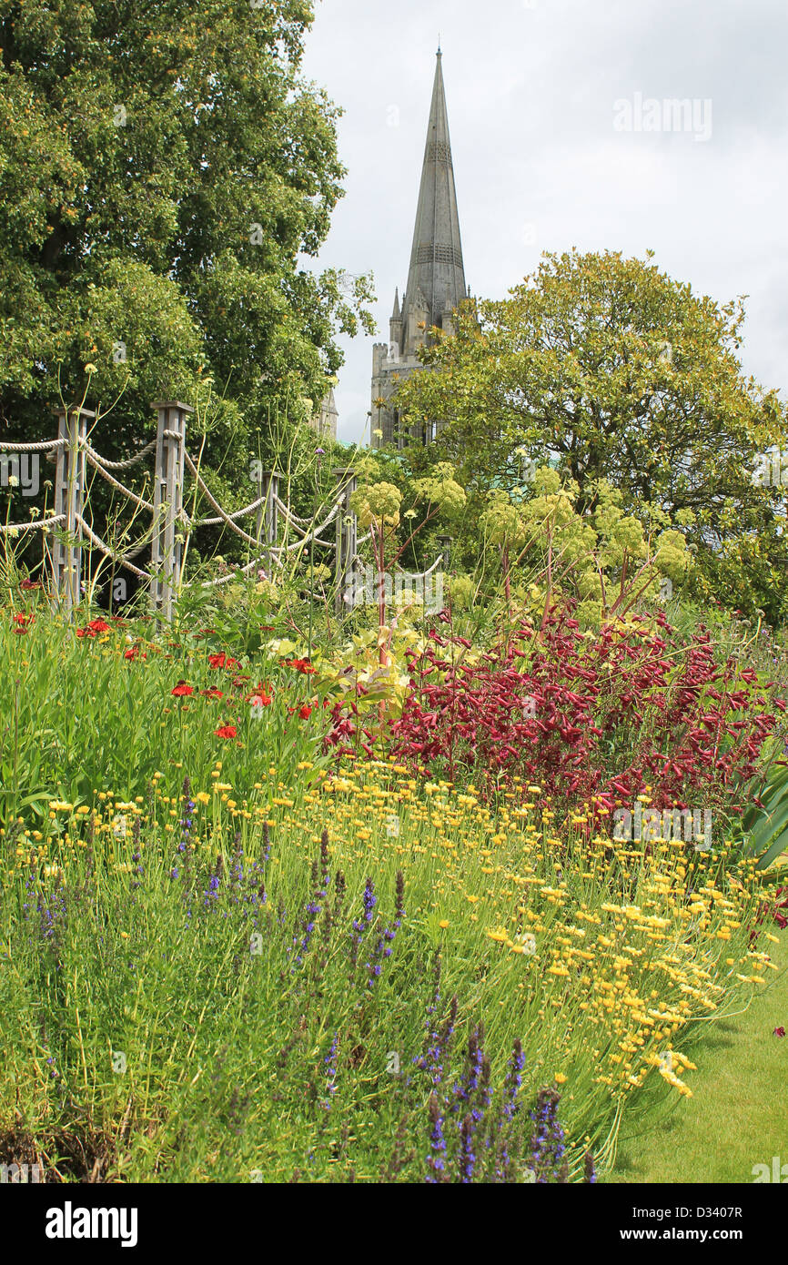 Colorato giardino estivo di confine e guglia della cattedrale dal Palazzo del Vescovo giardino, Chichester, West Sussex, Regno Unito Foto Stock