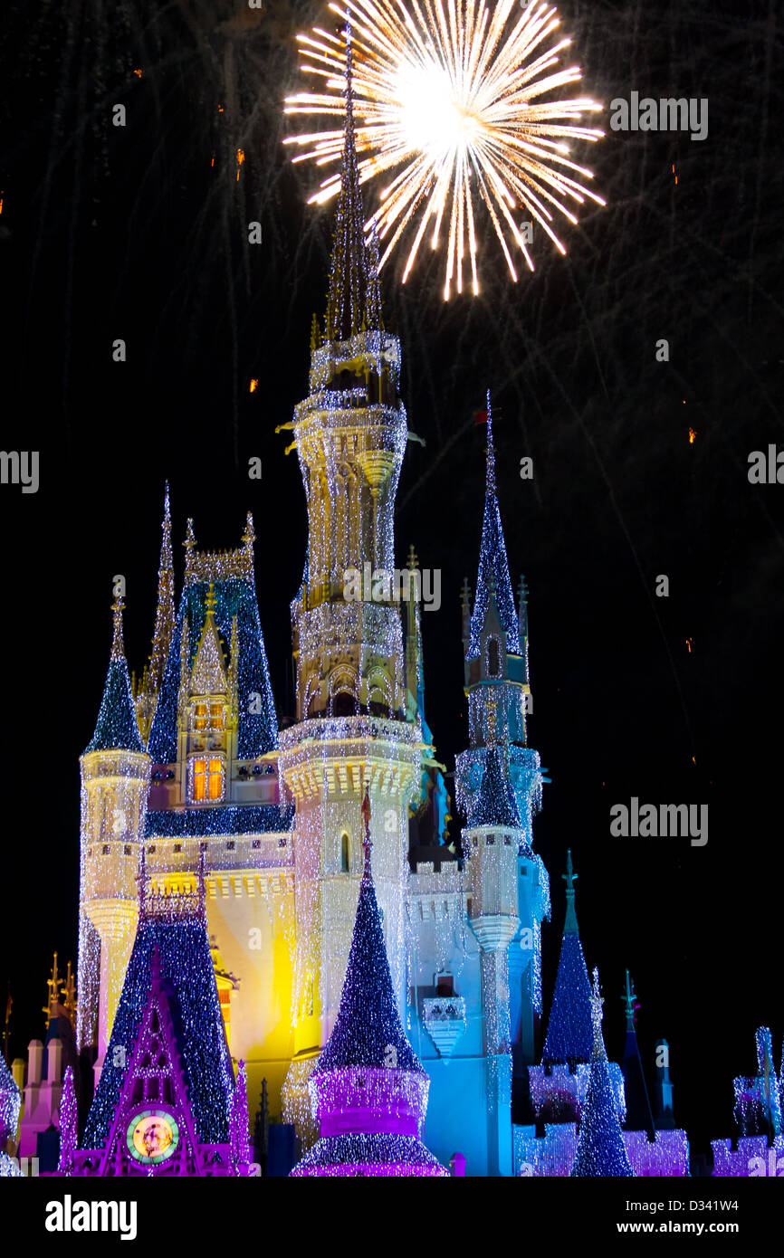 Disney World castello di notte con luci e fuochi d'artificio Foto Stock