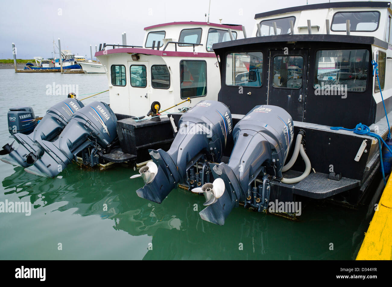 Charter e commerciale di pesca le barche nel porto, Omero, Alaska, Stati Uniti d'America. Grandi e potenti motori fuoribordo. Foto Stock