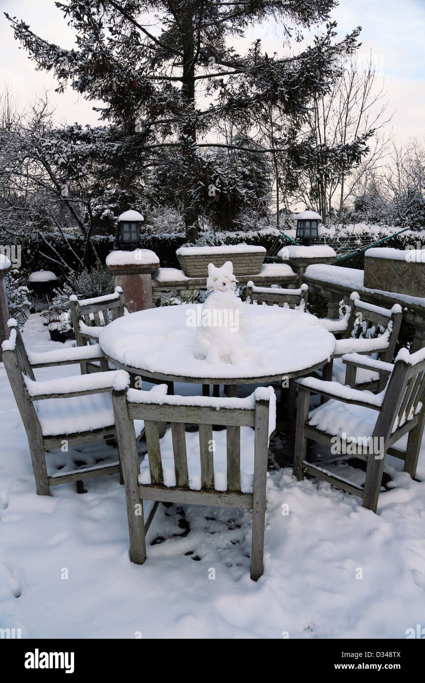Il gatto delle nevi sul tavolo da giardino Surrey in Inghilterra Foto Stock