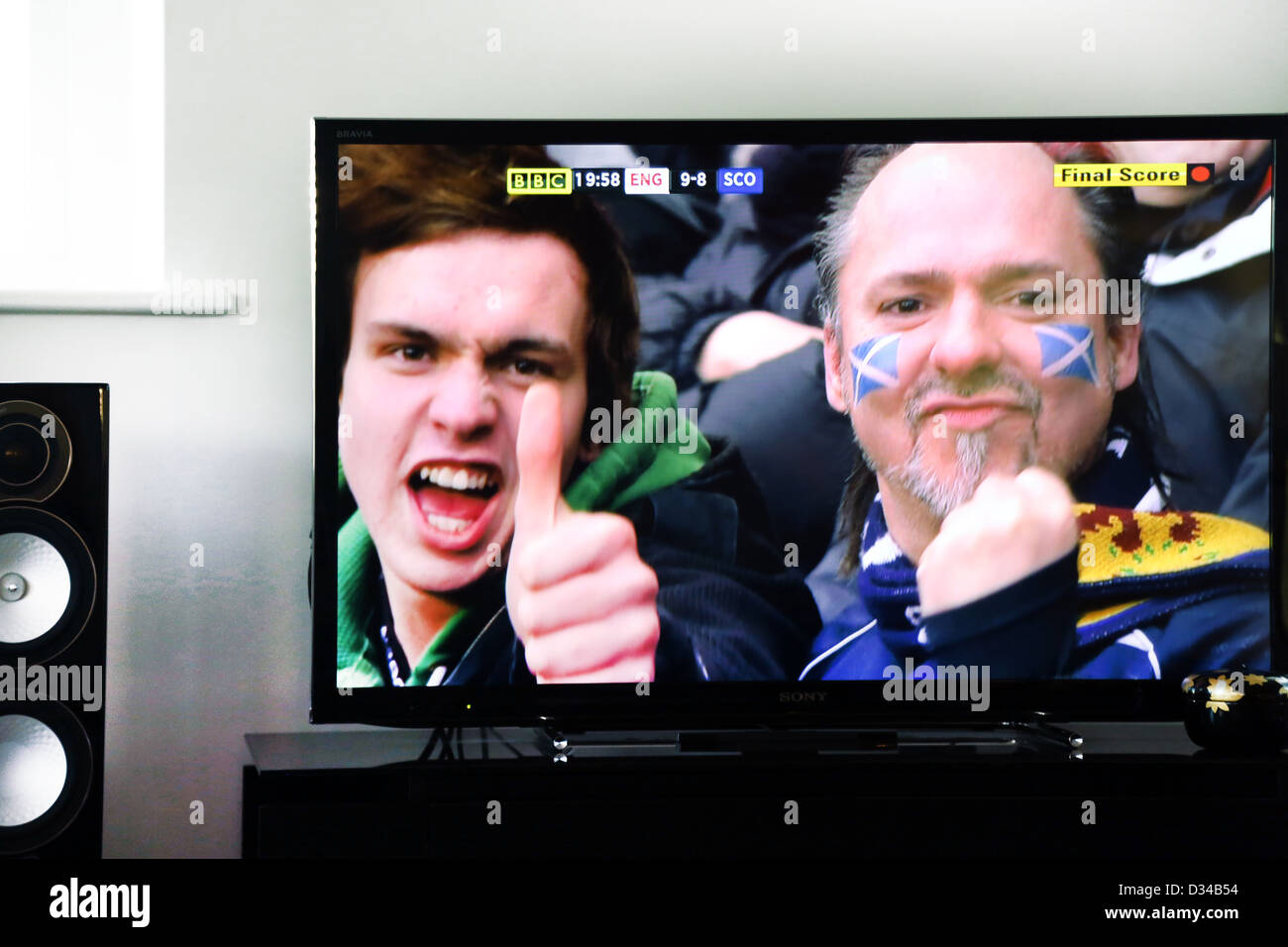 Close up di Sony televisore a schermo piatto che mostra i sostenitori di Rugby Foto Stock