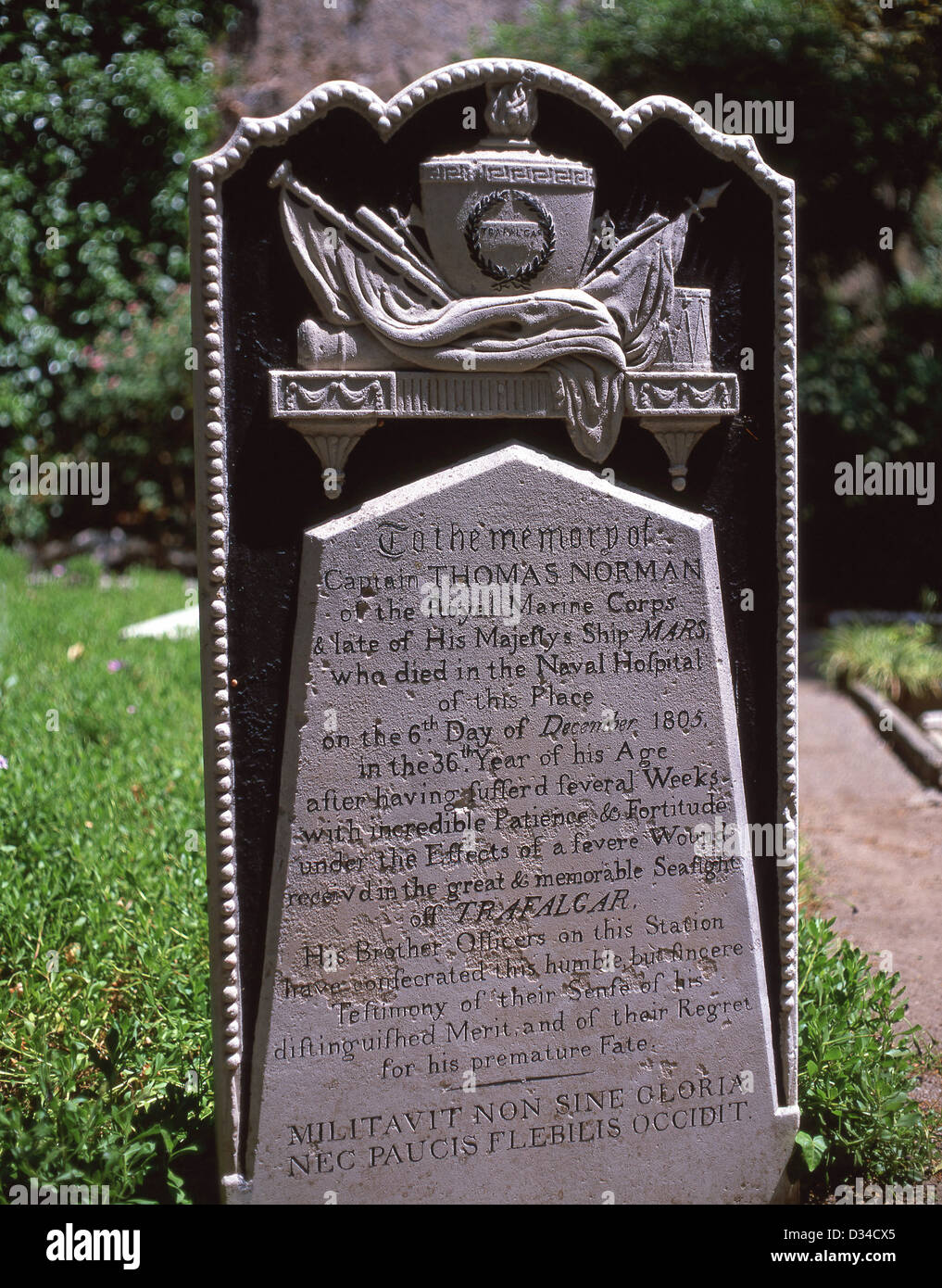 Il capitano Thomas Norman lapide (morto nella Battaglia di Trafalgar,1805), Trafalgar cimitero, Gibilterra Foto Stock