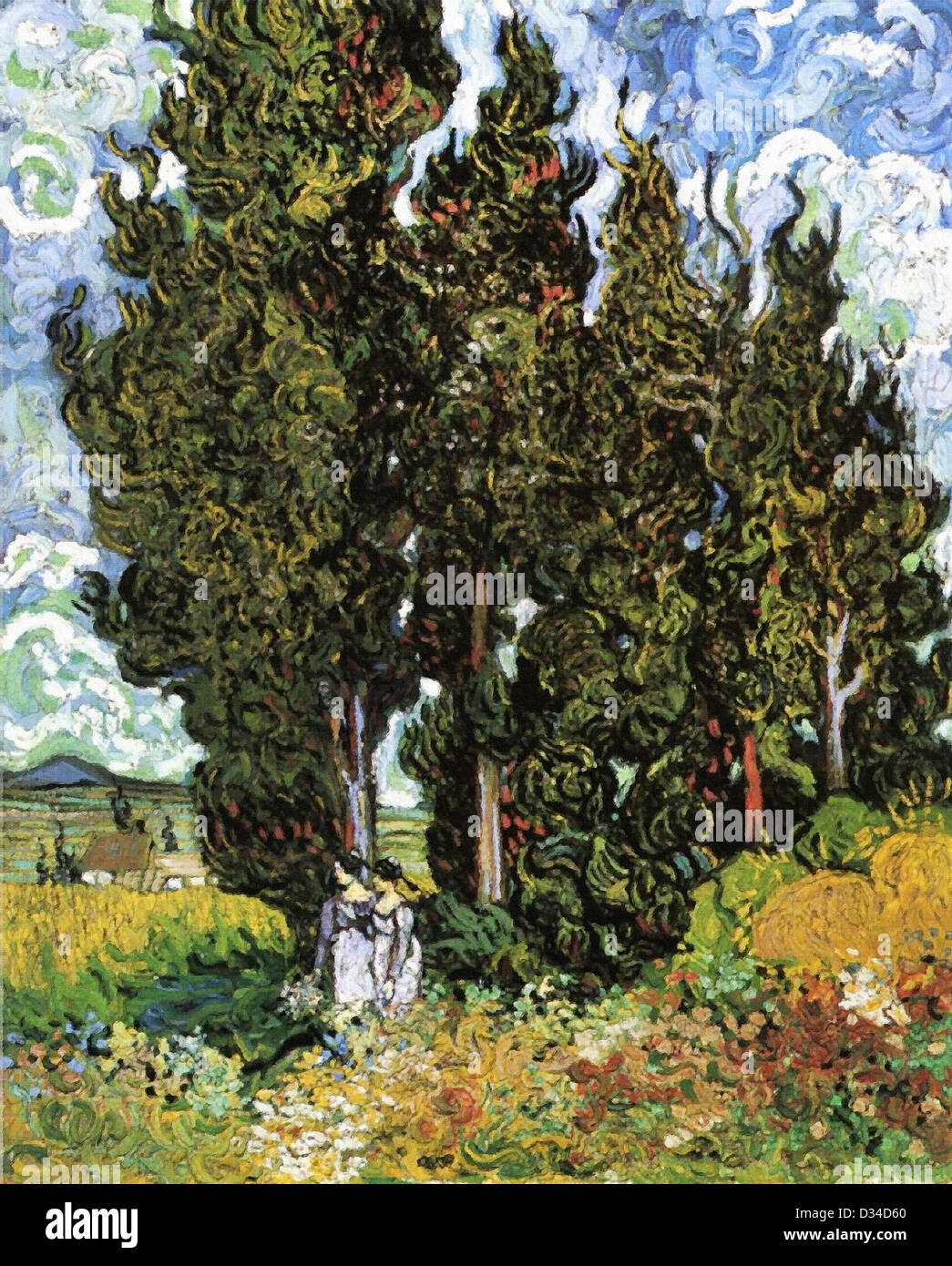 Vincent van Gogh, cipressi con due donne. 1889. Post-Impressionism. Olio su tela. Rijksmuseum Kröller-Müller, Otterlo Foto Stock