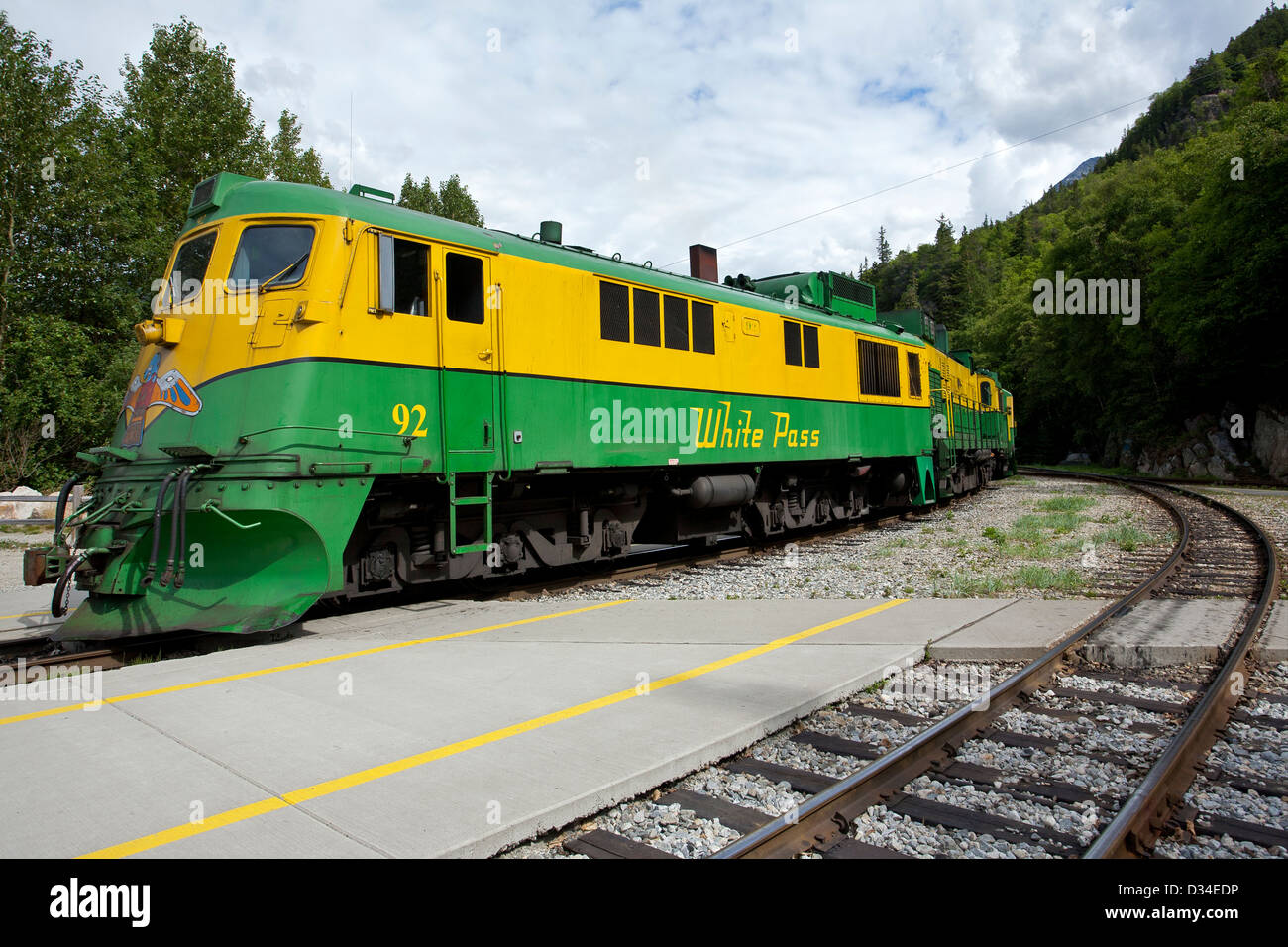 White Pass & Yukon locomotore ferroviario (modello diesel General Electric). Skagway. L'Alaska. Stati Uniti d'America Foto Stock