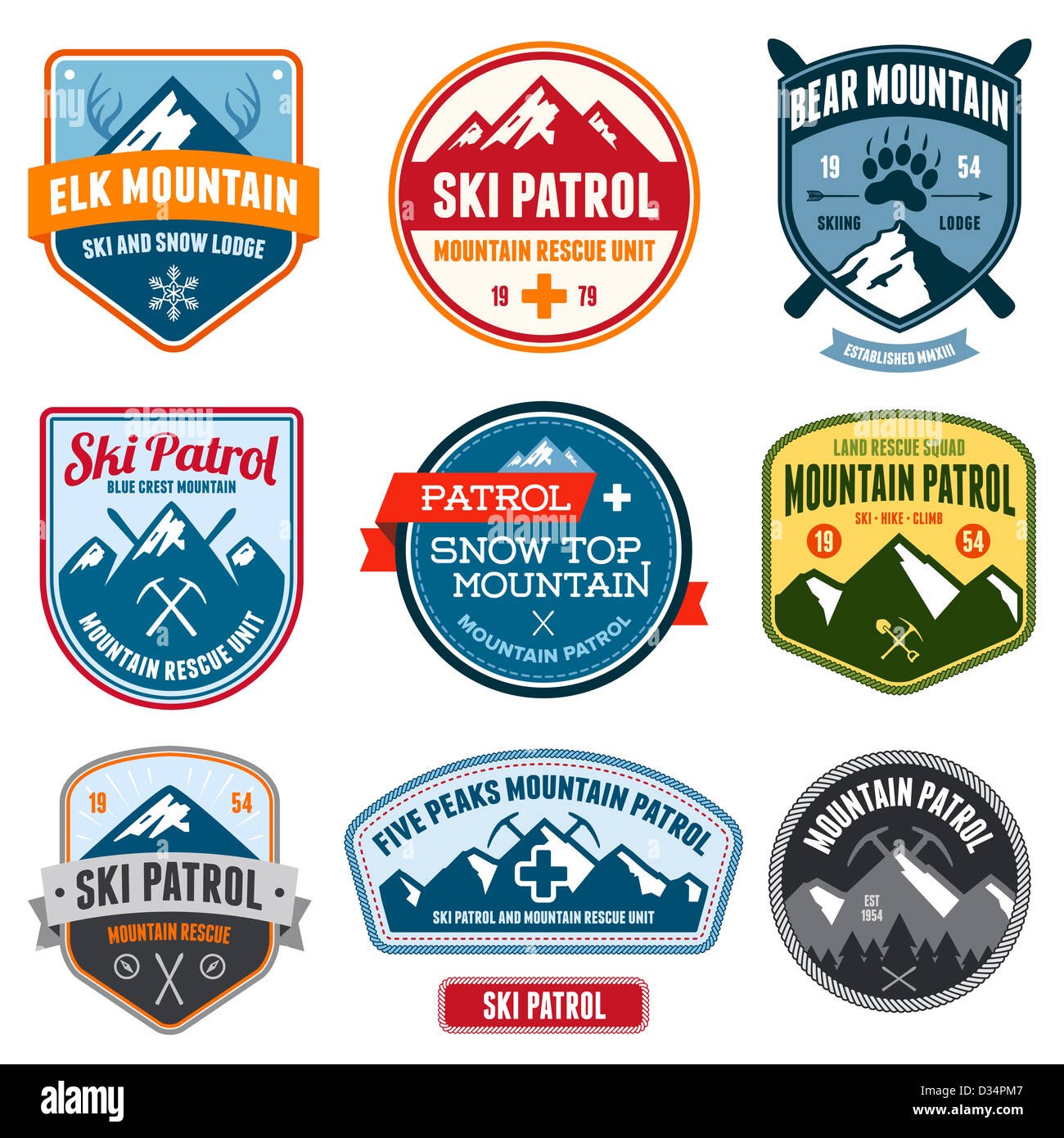 Set di ski patrol badge di montagna e patch Foto Stock