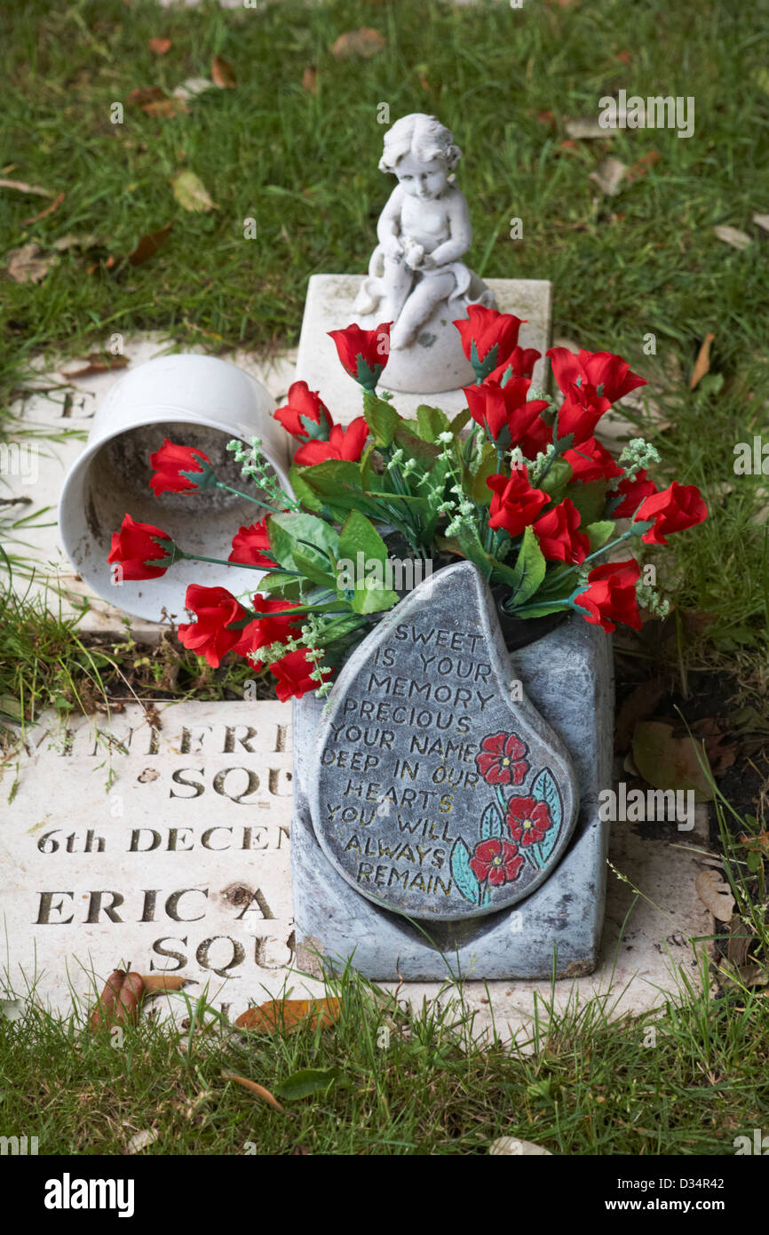 Rose rosse e iscrizione sulla lapide al cimitero a Christchurch, Dorset in giugno Foto Stock