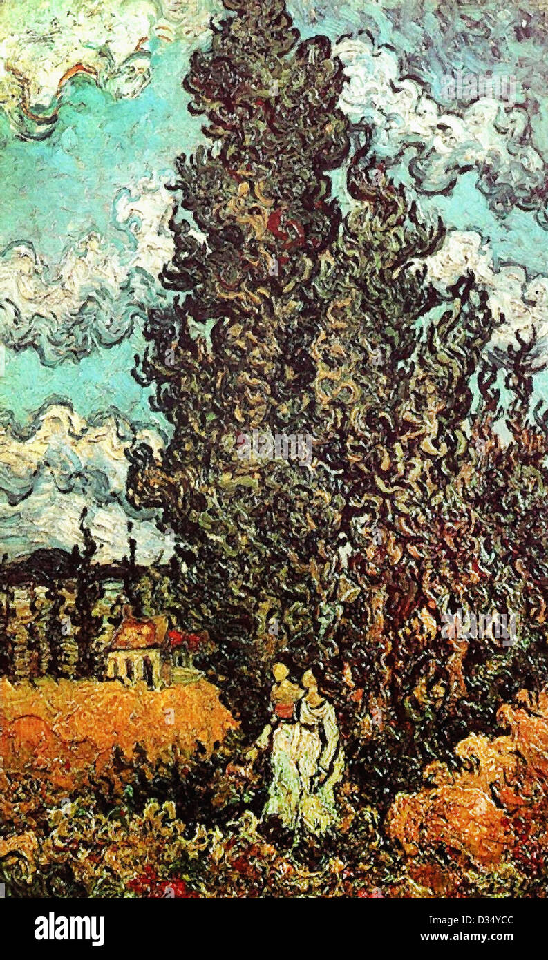 Vincent van Gogh, cipressi e due donne. 1890. Post-Impressionism. Olio su tela. Van Gogh Museum di Amsterdam, Paesi Bassi. Foto Stock