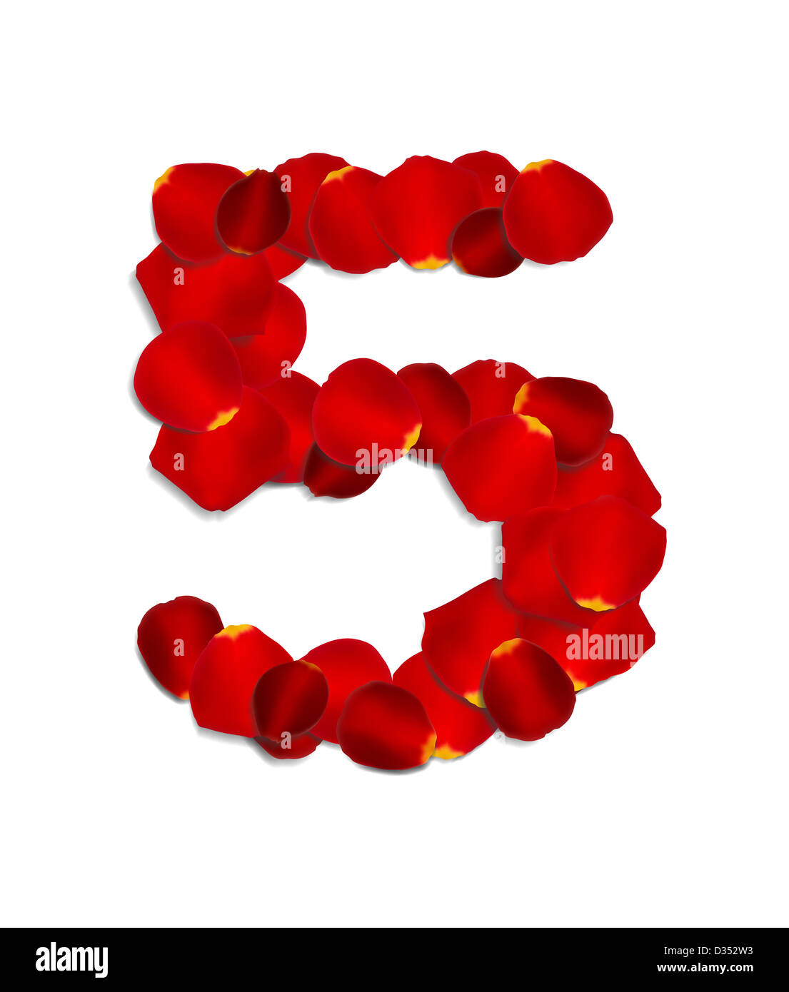 Numero 5 realizzato dal rosso dei petali di rosa Foto Stock