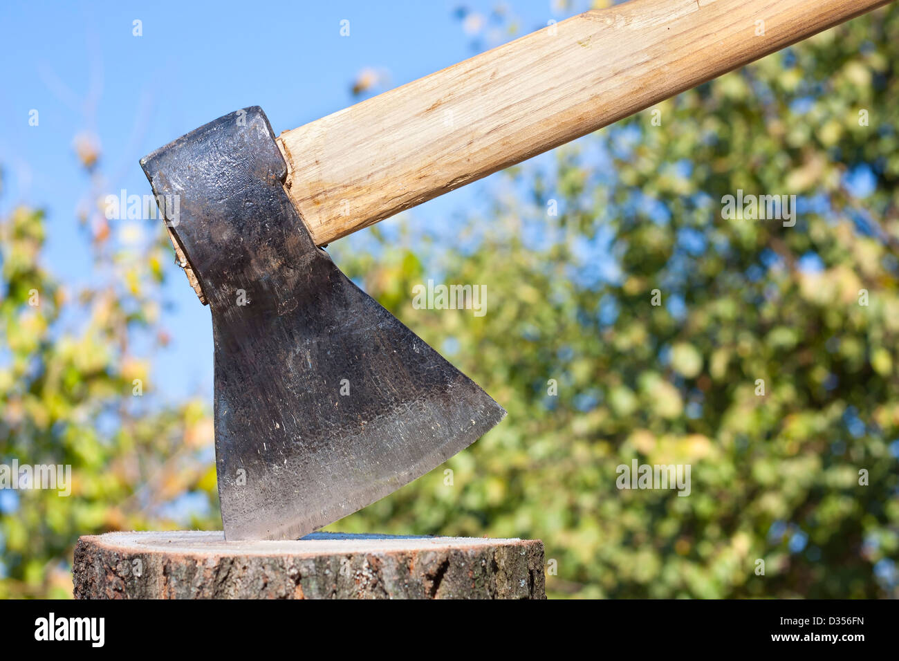 Ax o legno trinciatore con inverno legno contro un naturale sullo sfondo del fogliame Foto Stock
