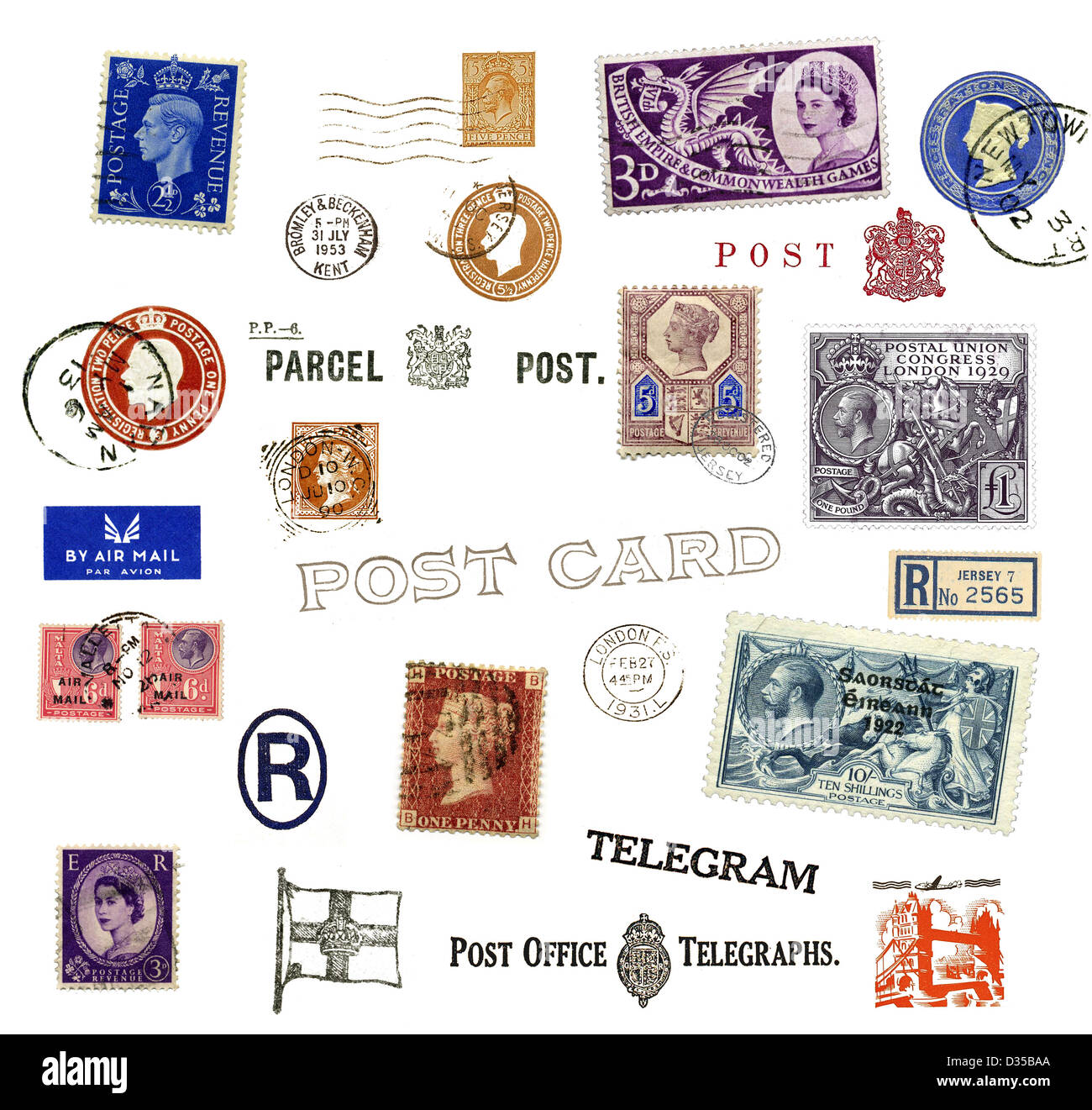 Vintage francobolli e le etichette dal Regno Unito Foto Stock