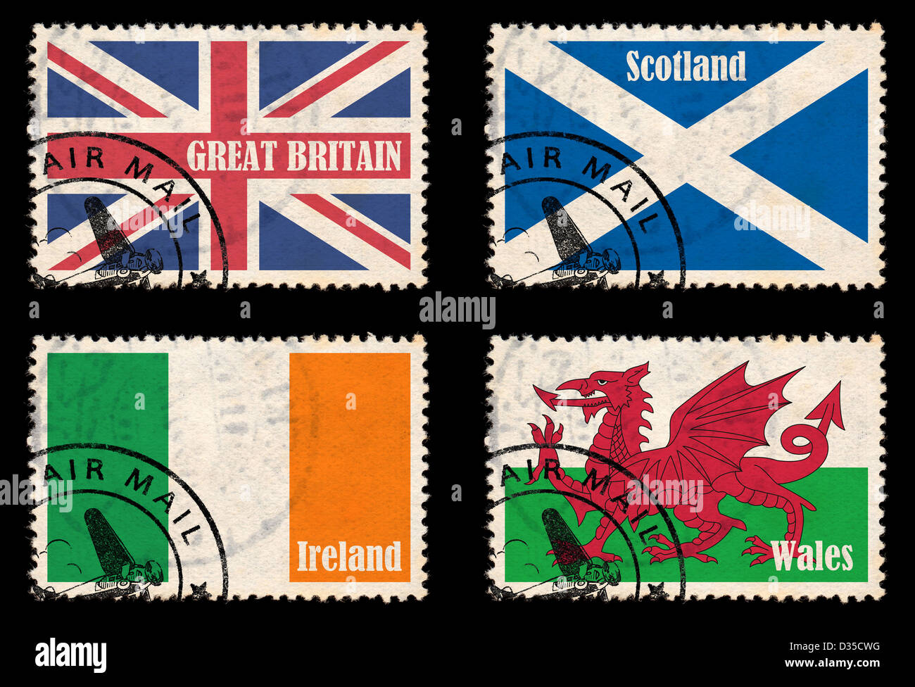 Serie di francobolli con bandiere provenienti dalle isole britanniche (Gran Bretagna, Irlanda, Scozia e Galles) Foto Stock