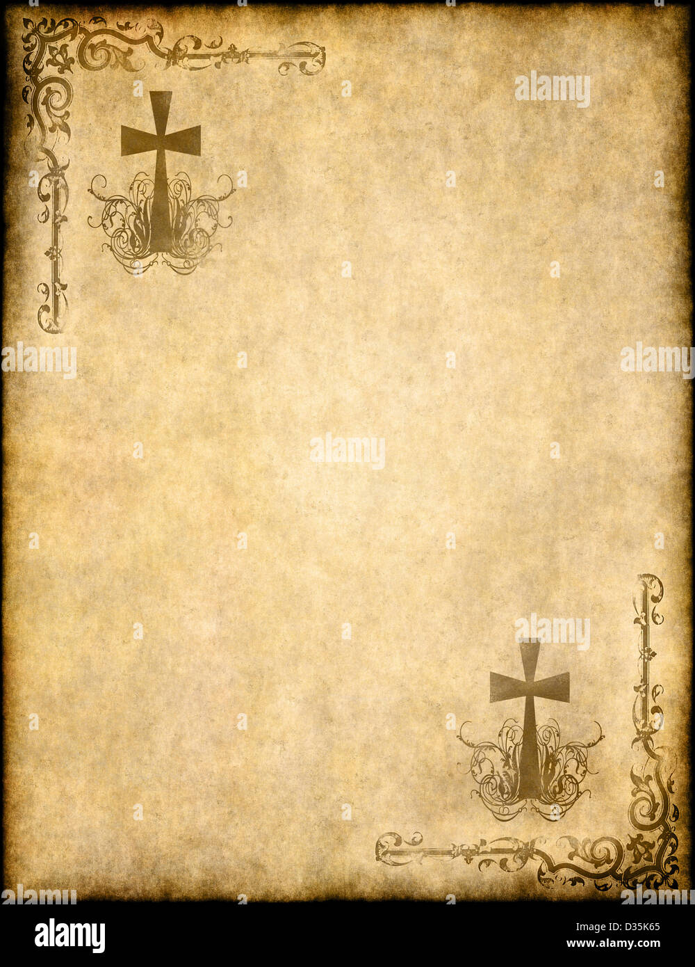 Una croce cristiana sulla vecchia carta pergamena o texture di sfondo Foto Stock