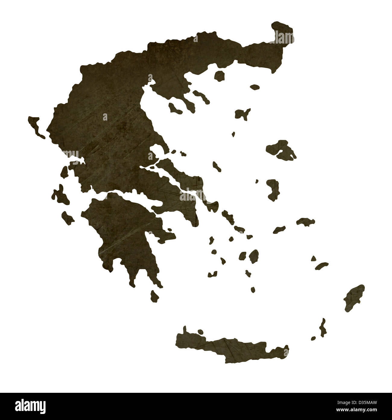 Dark stagliano e testurizzato Mappa di Grecia isolati su sfondo bianco. Foto Stock