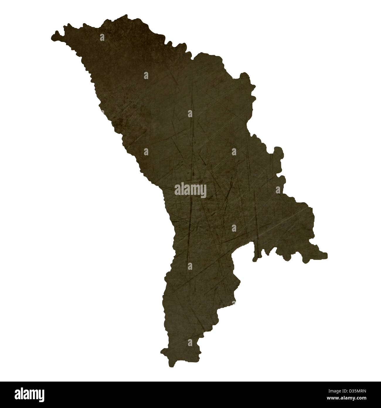 Dark stagliano e testurizzato mappa di Moldova isolati su sfondo bianco. Foto Stock