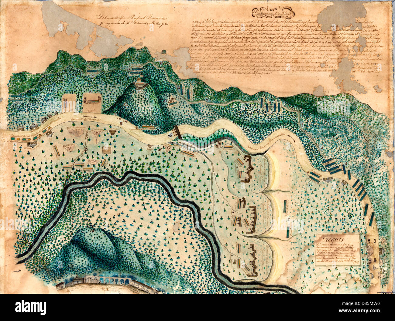 Schizzo di strada, foreste, canyons, colline con il messicano e posizioni americane durante la guerra messicana, 18 aprile 1847. Battaglia di Cerro Gordo Foto Stock