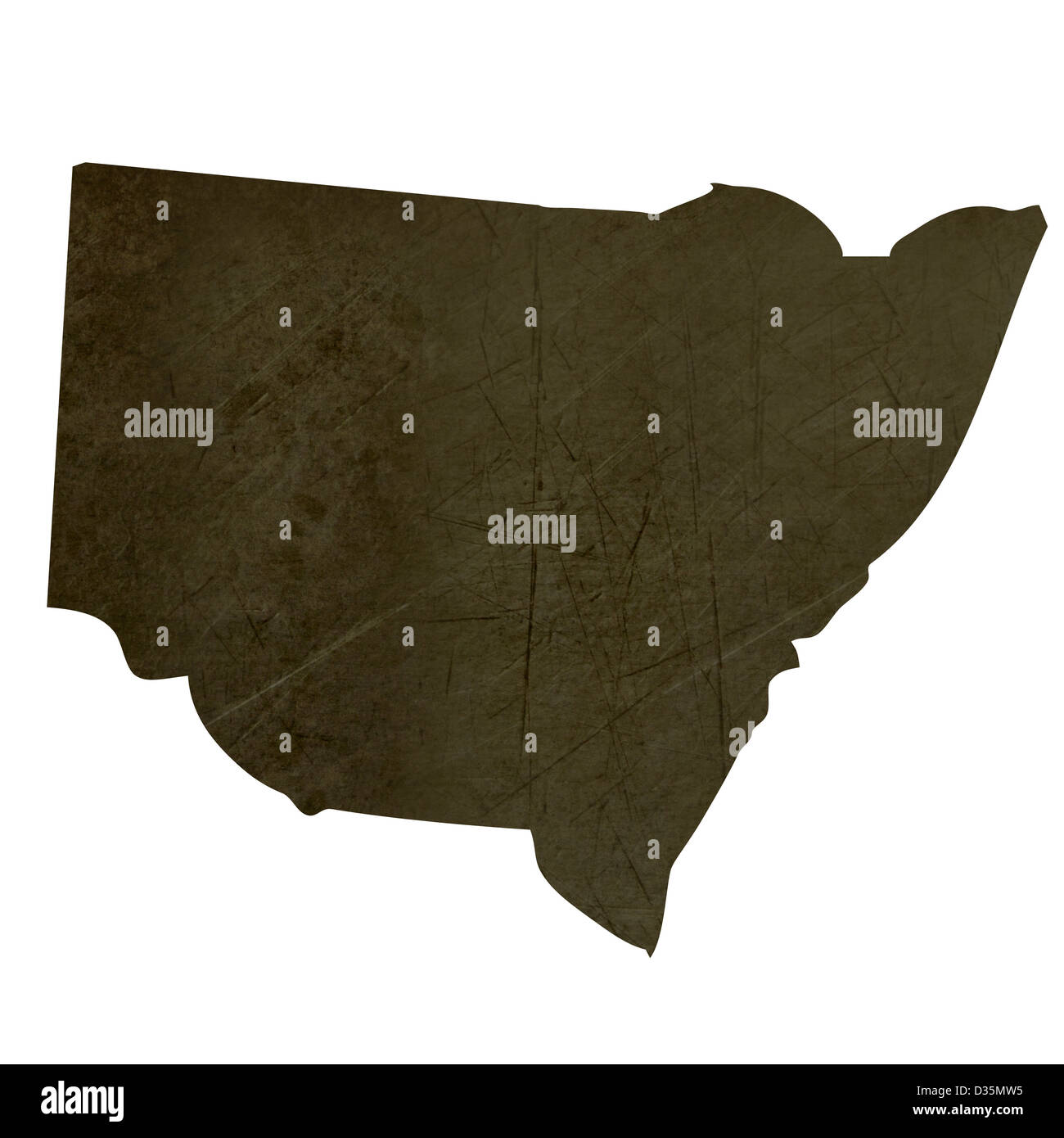 Dark stagliano e testurizzato mappa del Nuovo Galles del Sud Provincia di Australia isolato su sfondo bianco. Foto Stock