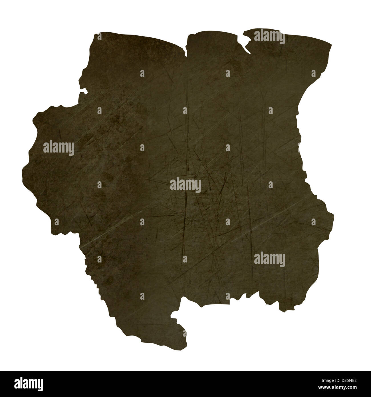 Dark stagliano e testurizzato Mappa di suriname isolati su sfondo bianco. Foto Stock