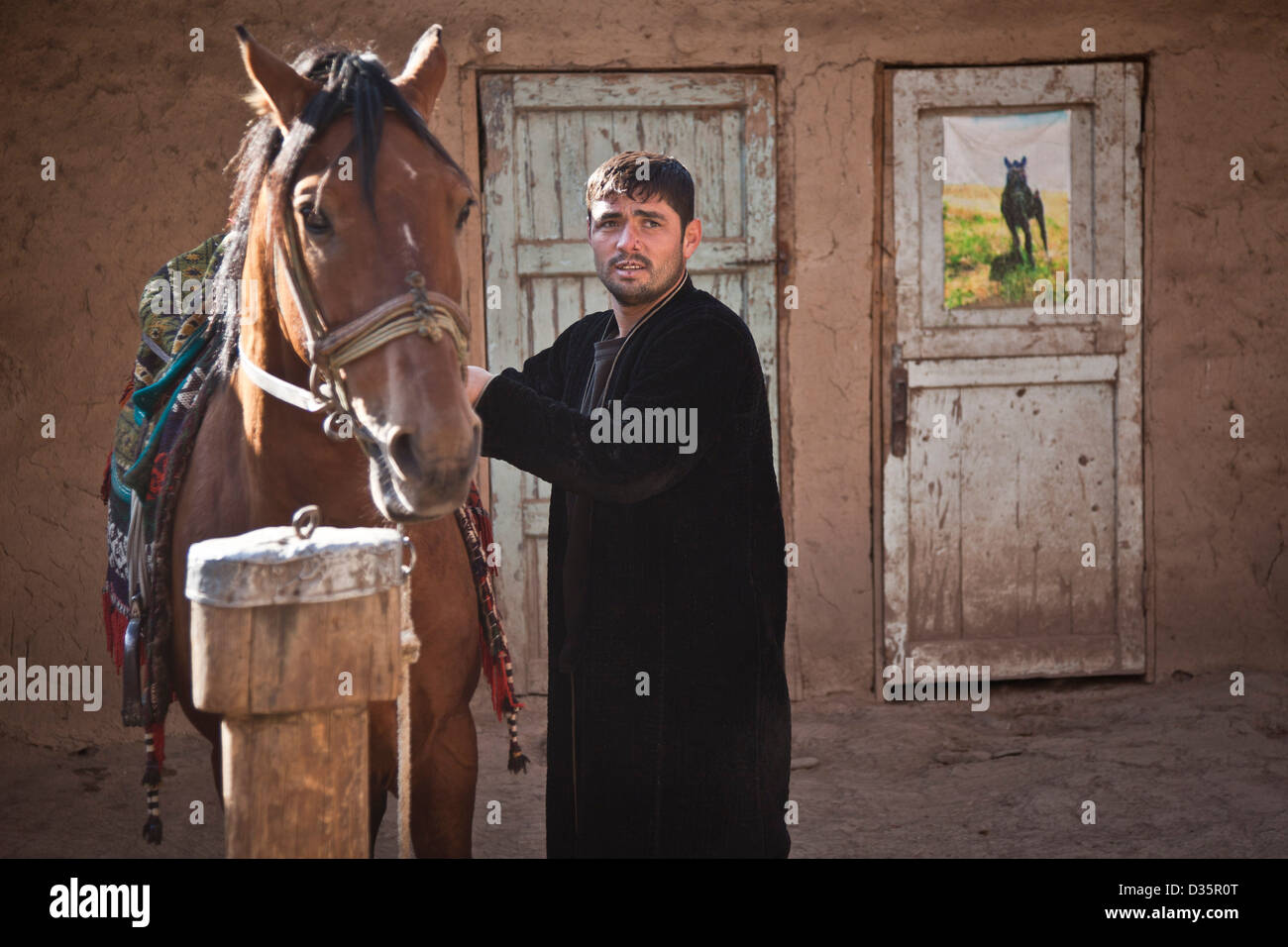 Un lettore buzkashi prepara il suo cavallo per esercizi di ogni giorno nelle montagne vicino alla sua casa a Dushanbe, in Tagikistan il capitale. Foto Stock