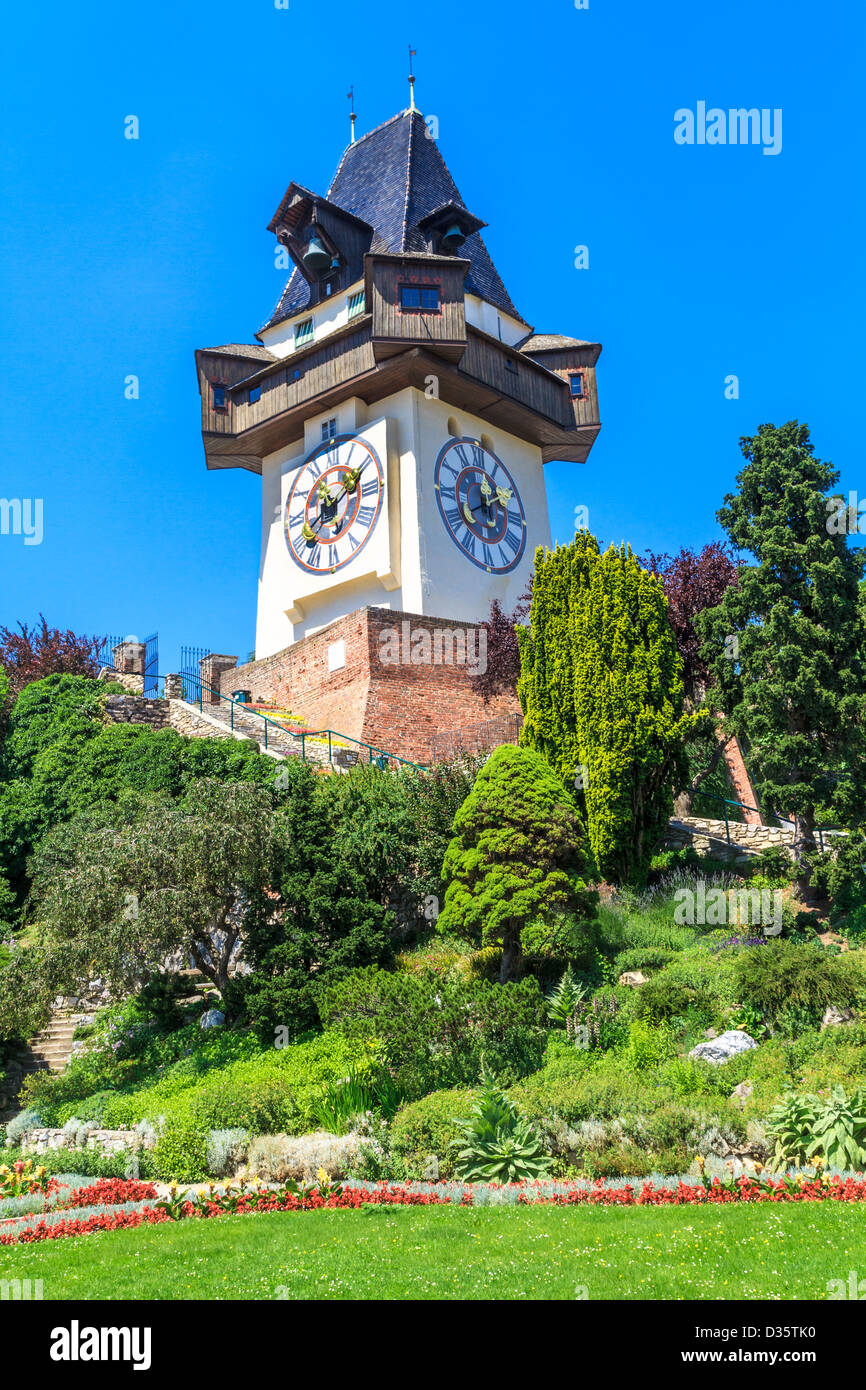 Famosa Torre Dell'Orologio (Uhrturm) in Graz, Stiria, Austria Foto Stock