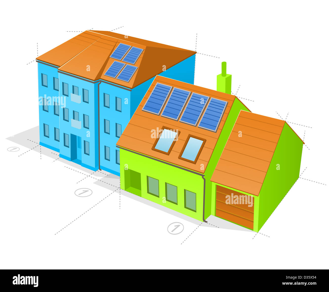 Il blu e il verde degli edifici Foto Stock