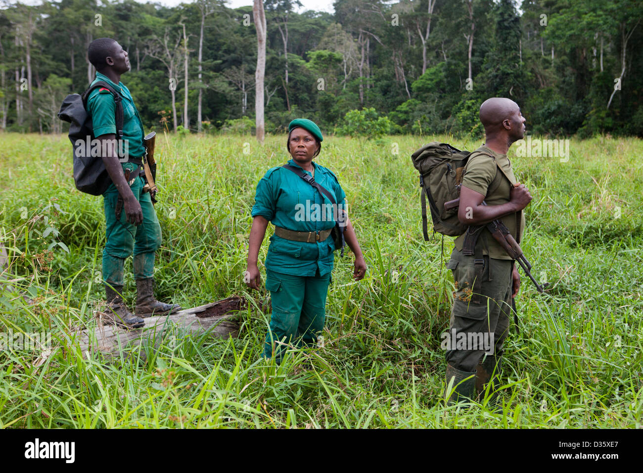 CONGO, 29 Settembre 2012: Sidone Aseme, una femmina ecoguard camerunese è in un bi-gruppo nazionale di ecoguards dal Camerun e Gabon patrol alla ricerca di prove della fauna selvatica di frodo. Foto Stock