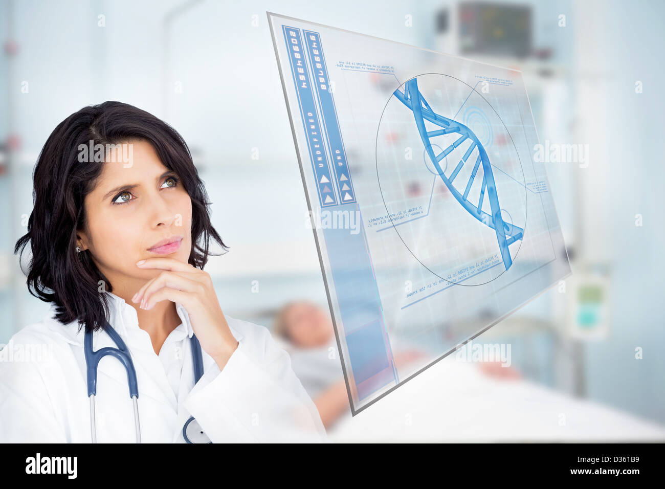 Studio medico schermo virtuale che mostra elica di DNA Foto Stock