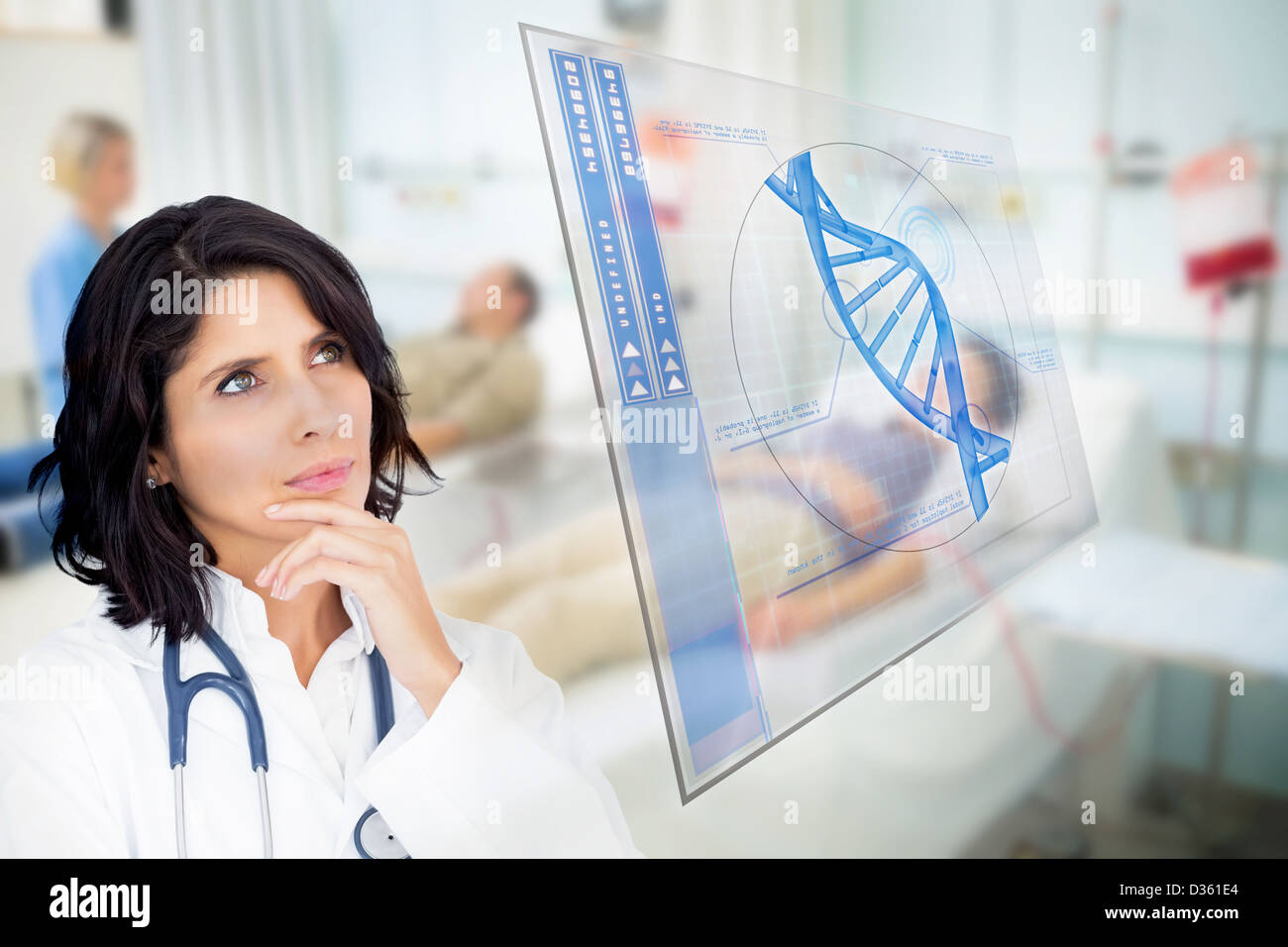 Medico cercando fino alla schermata blu elica di DNA dati Foto Stock