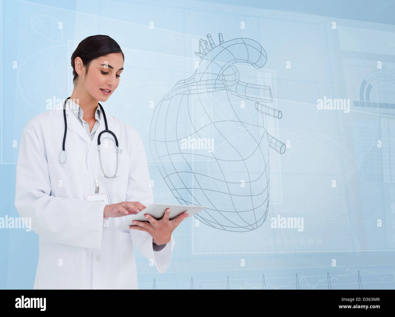 Donna medico utilizzando un tablet pc nella parte anteriore della suola schizzo Foto Stock