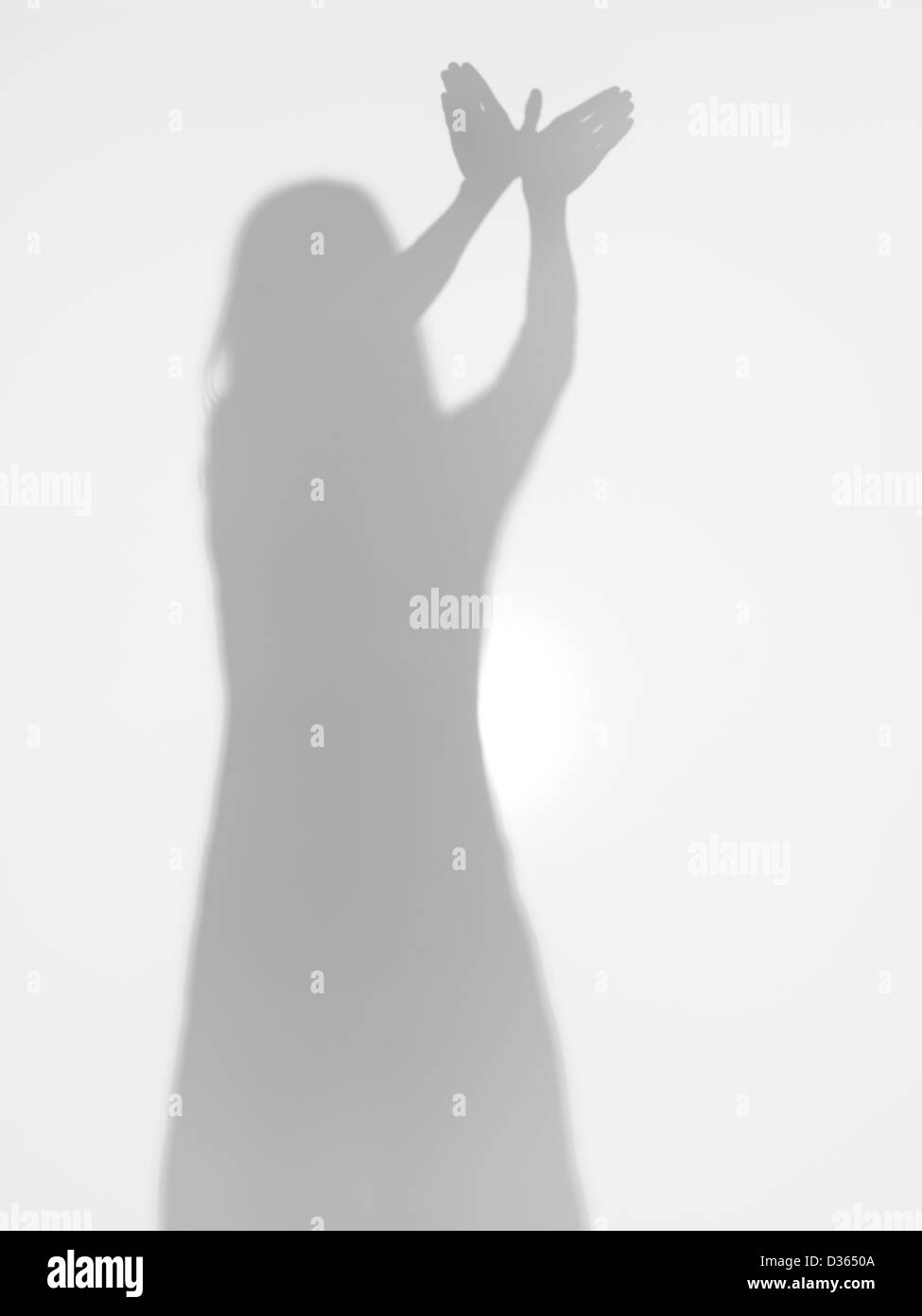 Corpo femmina silhouette creando una forma di un uccello in volo con le sue mani, dietro una superficie diffusa Foto Stock