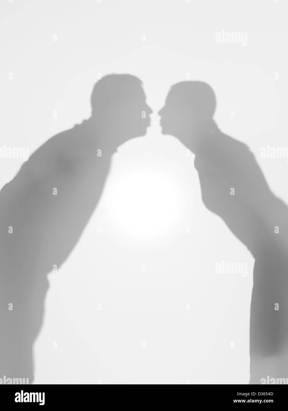 Giovane sagome kissing, dietro una superficie diffusa Foto Stock