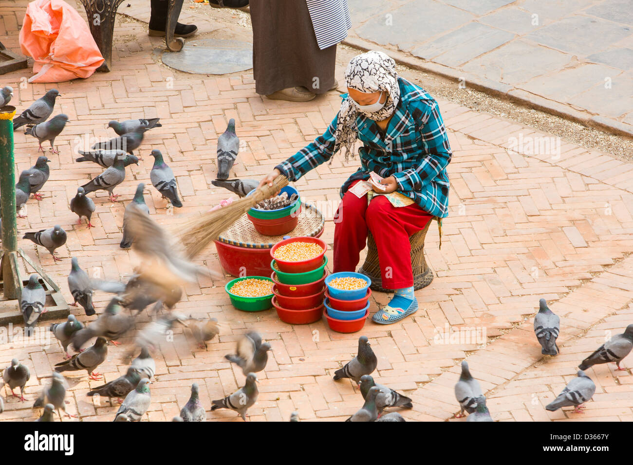 Una donna la vendita di alimenti per uccelli di Kathmandu, Nepal. Foto Stock