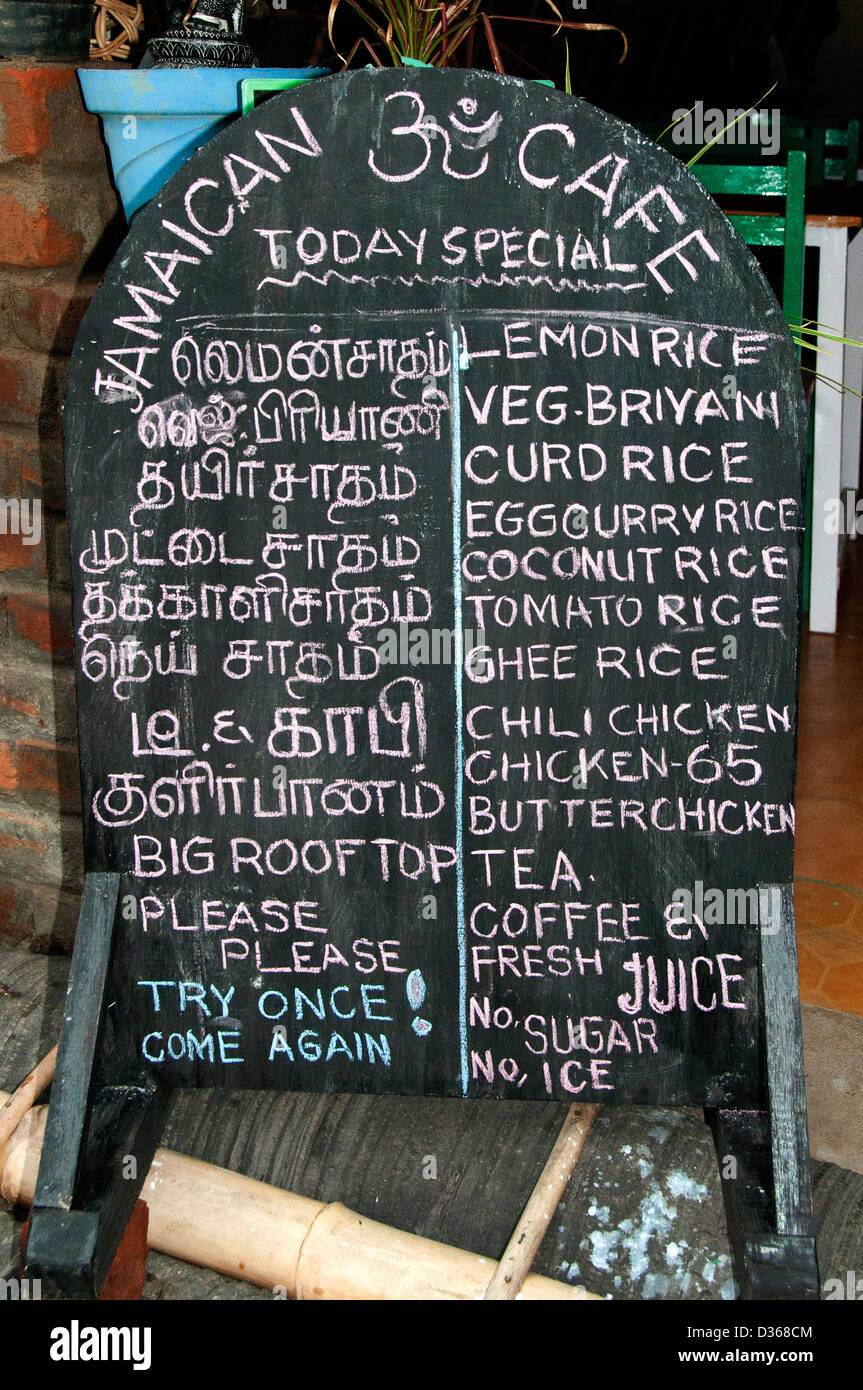 Il giamaicano cafe Menu Ristorante segno Covelong ( Kovalam o Cobelon ) India Tamil Nadu Foto Stock