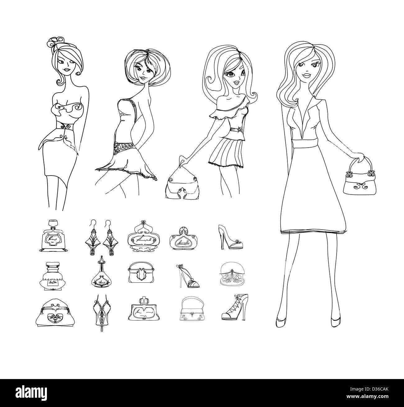 Shopping moda doodle icona impostare Foto Stock