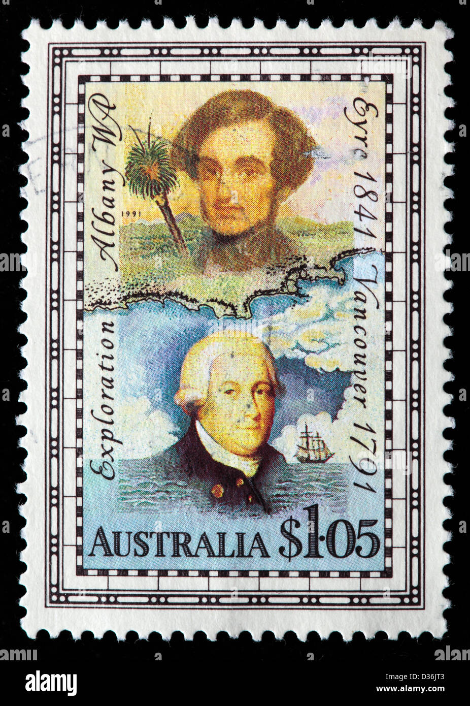 George Vancouver e Edward John Eyre, esploratori, francobollo, Australia, 1991 Foto Stock