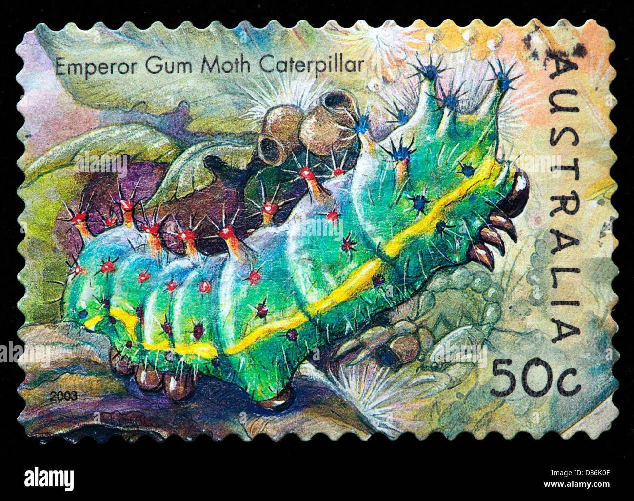 Gomma Emperop moth caterpillar, francobollo, Australia, 2003 Foto Stock